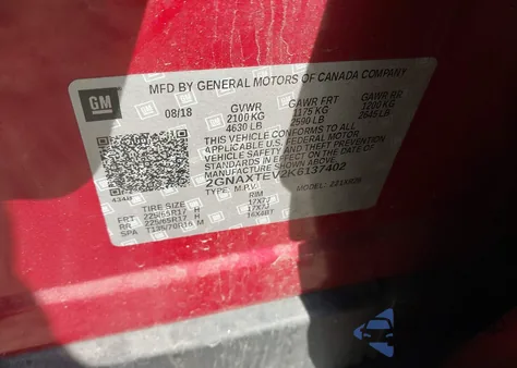 2019 Chevrolet Equinox Lt из США, поврежденный, VIN 2GNAXTEV2K6137402